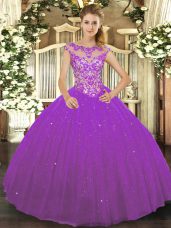 Beading and Appliques Vestidos de Quinceanera Eggplant Purple Lace Up Sleeveless Floor Length