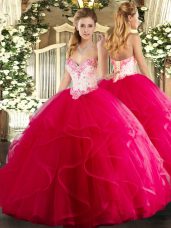 Modest Sweetheart Sleeveless Tulle 15th Birthday Dress Beading and Ruffles Lace Up
