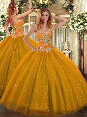 Custom Made Floor Length Lace Up Quince Ball Gowns Gold for Sweet 16 and Quinceanera with Beading