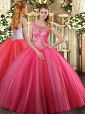 Custom Designed Coral Red 15 Quinceanera Dress Sweet 16 and Quinceanera with Beading Scoop Sleeveless Lace Up