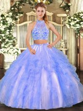 Lavender Tulle Criss Cross Sweet 16 Quinceanera Dress Sleeveless Floor Length Beading and Ruffled Layers