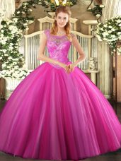 Hot Pink Lace Up Scoop Beading Quinceanera Gowns Tulle Sleeveless