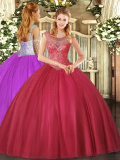 Great Coral Red Scoop Neckline Beading 15 Quinceanera Dress Sleeveless Lace Up