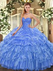 Attractive Baby Blue Ball Gowns Beading and Ruffled Layers and Pick Ups Sweet 16 Dresses Lace Up Organza Sleeveless Floor Length