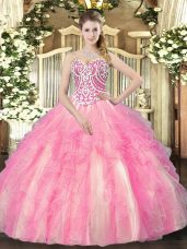 Romantic Sleeveless Tulle Floor Length Lace Up Ball Gown Prom Dress in Rose Pink with Beading and Ruffles
