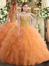Lovely Sleeveless Floor Length Embroidery and Ruffles Lace Up 15 Quinceanera Dress with Orange