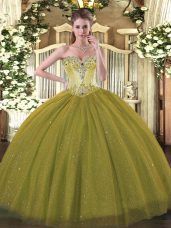 Great Olive Green Lace Up Sweetheart Beading 15 Quinceanera Dress Tulle and Sequined Sleeveless