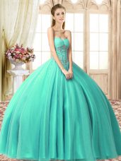 Chic Sleeveless Floor Length Beading Lace Up Sweet 16 Quinceanera Dress with Turquoise