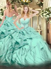 New Style Turquoise Ball Gown Prom Dress Military Ball and Sweet 16 and Quinceanera with Beading and Ruffles Sweetheart Sleeveless Lace Up