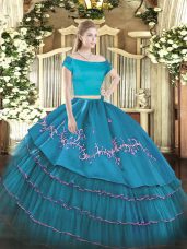 Colorful Short Sleeves Zipper Floor Length Embroidery and Ruffled Layers Quince Ball Gowns