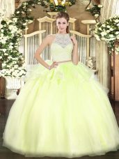 Perfect Yellow Green Scoop Zipper Lace Quinceanera Gown Sleeveless