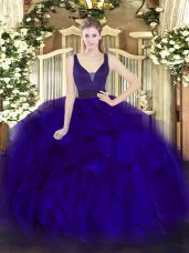 Super Straps Sleeveless Ball Gown Prom Dress Floor Length Beading and Ruffles Blue Organza