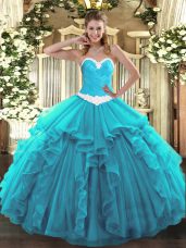 Aqua Blue Sweetheart Lace Up Appliques and Ruffles Sweet 16 Dress Sleeveless