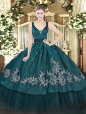 Trendy Teal Straps Zipper Beading and Embroidery Ball Gown Prom Dress Sleeveless