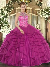 Fine Floor Length Ball Gowns Sleeveless Fuchsia Vestidos de Quinceanera Lace Up
