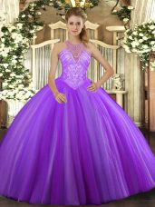 Floor Length Lace Up Quinceanera Gown Lavender for Military Ball and Sweet 16 and Quinceanera with Beading