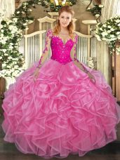 Pretty Ball Gowns Ball Gown Prom Dress Rose Pink Scoop Organza Long Sleeves Floor Length Lace Up