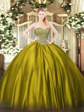 Free and Easy Olive Green Lace Up Quince Ball Gowns Beading Sleeveless Floor Length