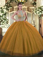 Traditional Floor Length Lace Up Sweet 16 Dresses Brown for Military Ball and Sweet 16 and Quinceanera with Beading