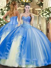Sweetheart Sleeveless Ball Gown Prom Dress Floor Length Beading and Ruffles Baby Blue Tulle