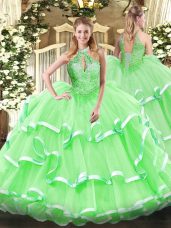 Halter Top Lace Up Beading and Ruffles Quince Ball Gowns Sleeveless