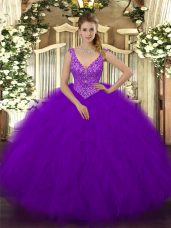 Glittering Sleeveless Zipper Floor Length Beading and Ruffles Ball Gown Prom Dress