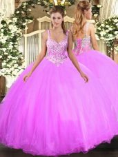 Cheap Tulle Straps Sleeveless Lace Up Beading Vestidos de Quinceanera in Lilac