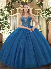 Sweetheart Sleeveless Quinceanera Gown Floor Length Beading Teal Tulle