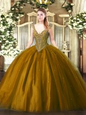 Floor Length Brown 15th Birthday Dress Tulle Sleeveless Beading
