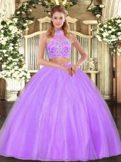 Shining Lilac Sleeveless Floor Length Beading Criss Cross Sweet 16 Dress