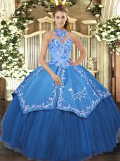 Fancy Halter Top Sleeveless 15 Quinceanera Dress Floor Length Beading and Embroidery Teal Satin and Tulle