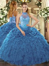 Eye-catching Teal Sleeveless Organza Lace Up Sweet 16 Dresses for Prom and Sweet 16 and Quinceanera
