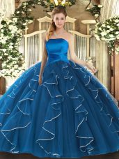 Blue Ball Gowns Ruffles Quinceanera Gowns Lace Up Tulle Sleeveless Floor Length