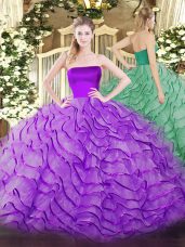 Luxury Strapless Sleeveless 15th Birthday Dress Brush Train Ruffles Eggplant Purple Tulle