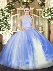 Beautiful Baby Blue Sleeveless Floor Length Lace and Ruffles Zipper Quinceanera Dress