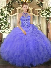 Sophisticated Halter Top Sleeveless Lace Up Ball Gown Prom Dress Blue Organza