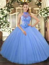Pretty Baby Blue Ball Gowns Tulle Halter Top Sleeveless Beading and Embroidery Floor Length Lace Up Sweet 16 Dresses