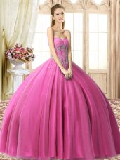 Custom Fit Fuchsia Lace Up Quinceanera Gowns Beading Sleeveless Floor Length