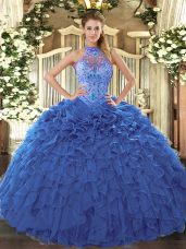 Fancy Sleeveless Organza Floor Length Lace Up Sweet 16 Quinceanera Dress in Blue with Beading and Embroidery and Ruffles