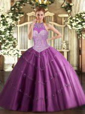 Sleeveless Floor Length Beading and Appliques Lace Up Quinceanera Dress with Fuchsia
