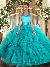 Turquoise Lace Up Halter Top Ruffles Sweet 16 Dresses Organza Sleeveless