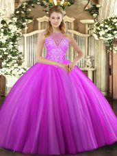 Romantic Fuchsia Vestidos de Quinceanera Military Ball and Sweet 16 and Quinceanera with Beading High-neck Sleeveless Lace Up
