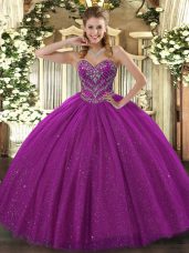 Fuchsia Ball Gowns Beading Quinceanera Gowns Lace Up Lace Sleeveless Floor Length