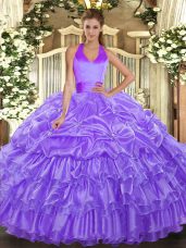 Sleeveless Floor Length Ruffled Layers and Pick Ups Lace Up Sweet 16 Dress with Lavender