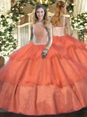 Orange Red Sleeveless Tulle Lace Up Quince Ball Gowns for Military Ball and Sweet 16 and Quinceanera