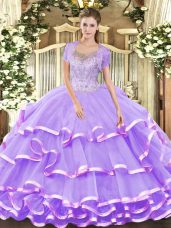 High Quality Sleeveless Floor Length Beading and Ruffled Layers Lace Up 15th Birthday Dress with Lavender