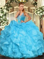 Fashion Ball Gowns Quinceanera Dresses Aqua Blue Straps Organza Sleeveless Floor Length Lace Up