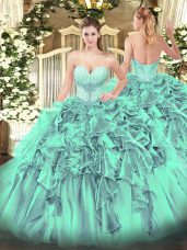 Turquoise Sleeveless Organza Lace Up 15 Quinceanera Dress for Military Ball and Sweet 16 and Quinceanera