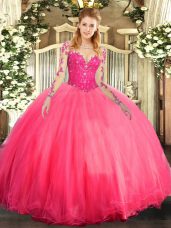Stunning Coral Red Quinceanera Dress Military Ball and Sweet 16 and Quinceanera with Lace Scoop Long Sleeves Lace Up