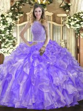 Sleeveless Organza Floor Length Lace Up Quince Ball Gowns in Lavender with Beading and Ruffles